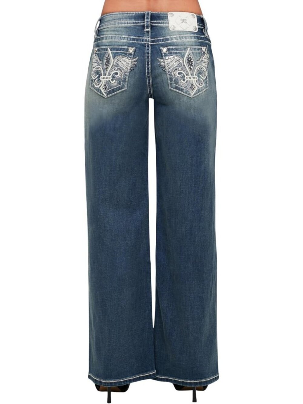 Mid-Rise Wide Leg Jeans with Embellished Pockets & Winged Design for Women